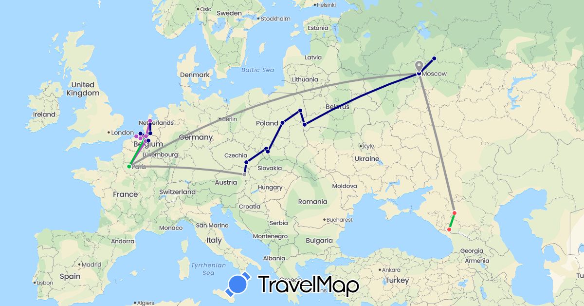 TravelMap itinerary: driving, bus, plane, train, hiking in Austria, Belgium, Belarus, Czech Republic, France, Netherlands, Poland, Russia (Europe)